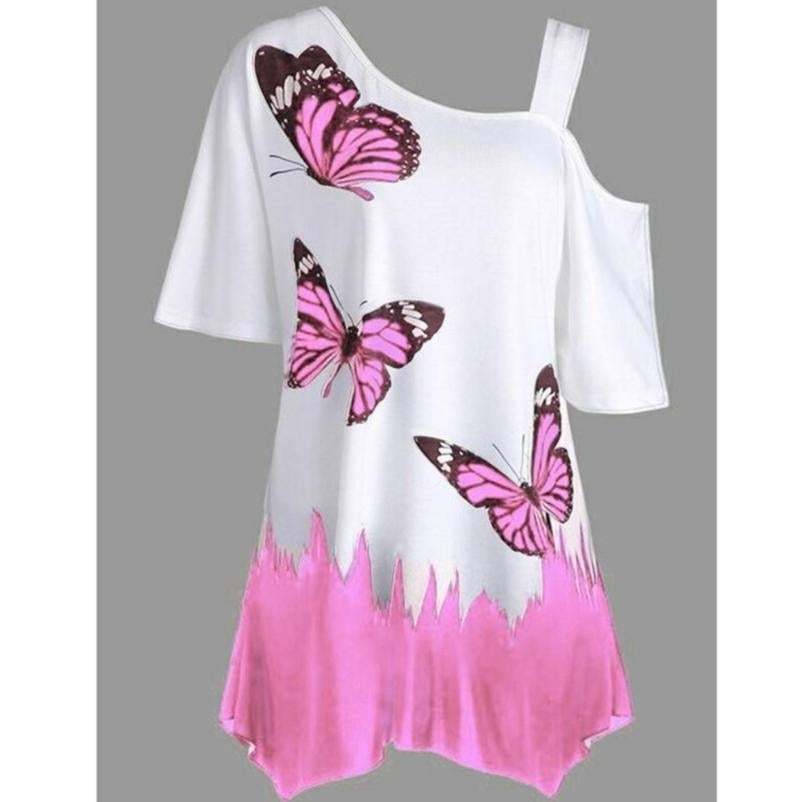 Women Summer One Shoulder Short Sleeve Top Fashion Butterfly Print Half-strapped T-shirt Image 6