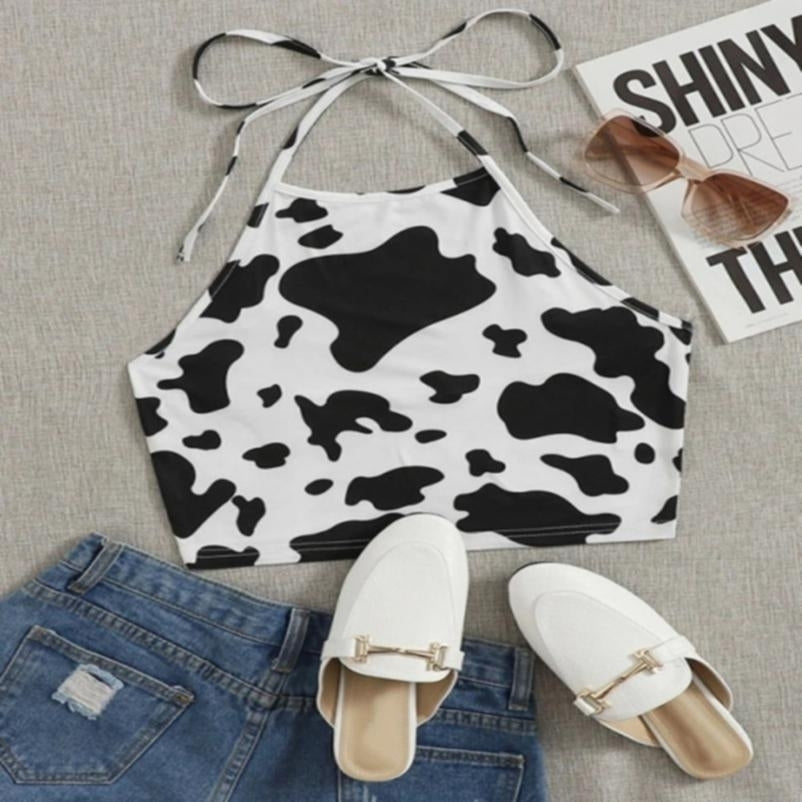 Women Sleeveless Cow Print Halter Strap Vest Aesthetic Tube Cropped Top Crop Lace-up Tank Tops Image 1