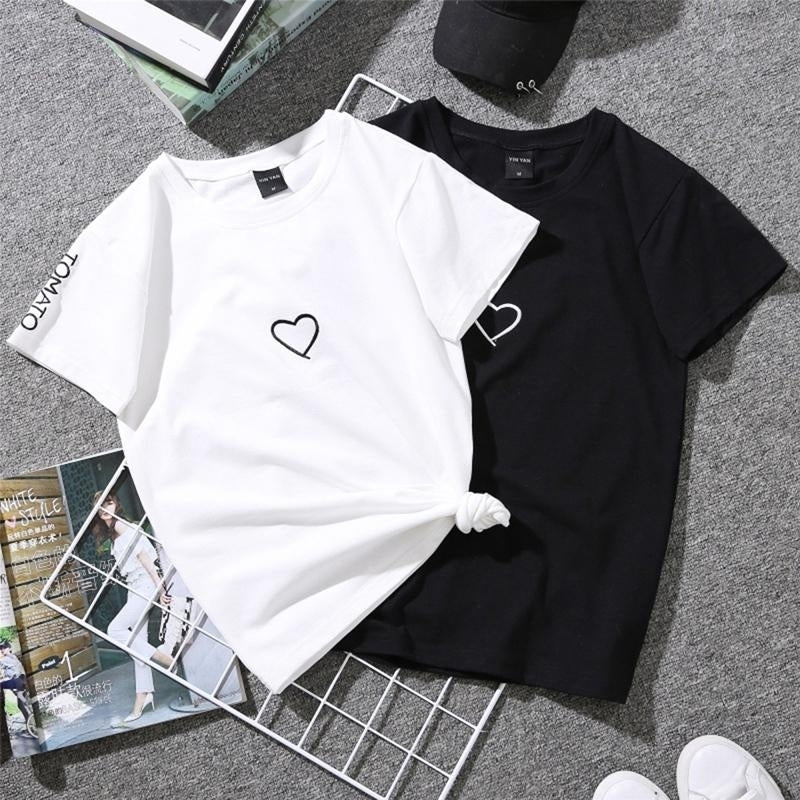 Womens Summer Tees Lovers Heart Embroidery Short Sleeve Harajuku T Shirt Tops Image 1