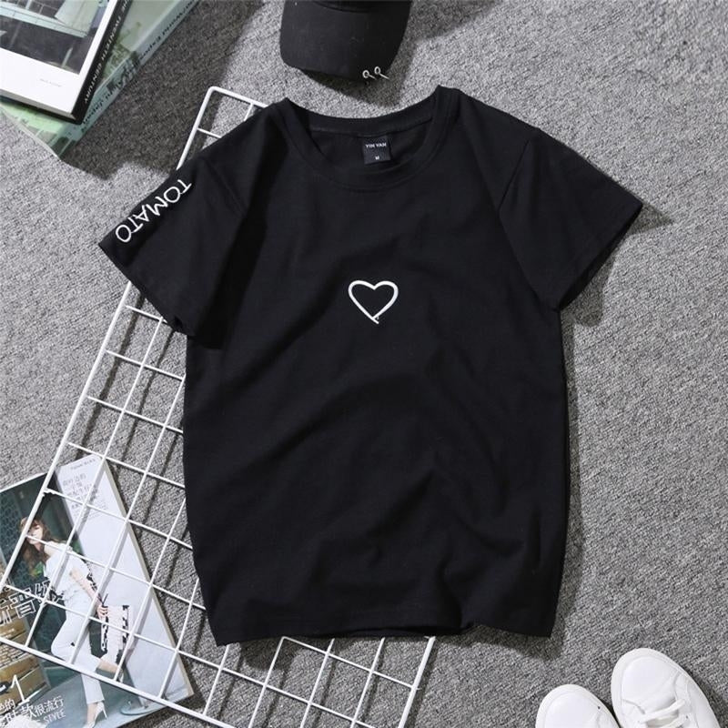 Womens Summer Tees Lovers Heart Embroidery Short Sleeve Harajuku T Shirt Tops Image 2