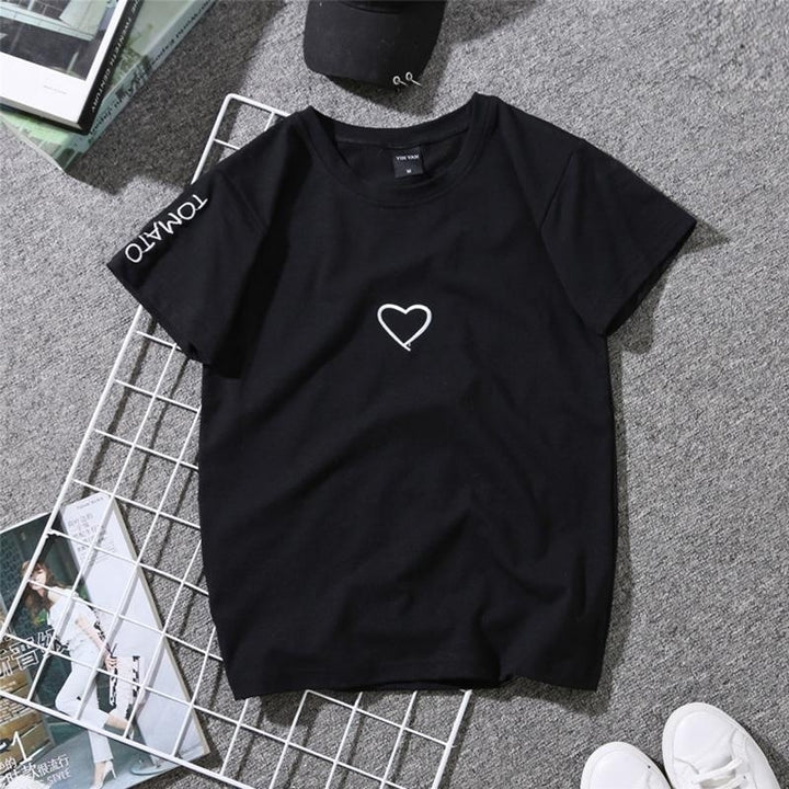 Womens Summer Tees Lovers Heart Embroidery Short Sleeve Harajuku T Shirt Tops Image 2