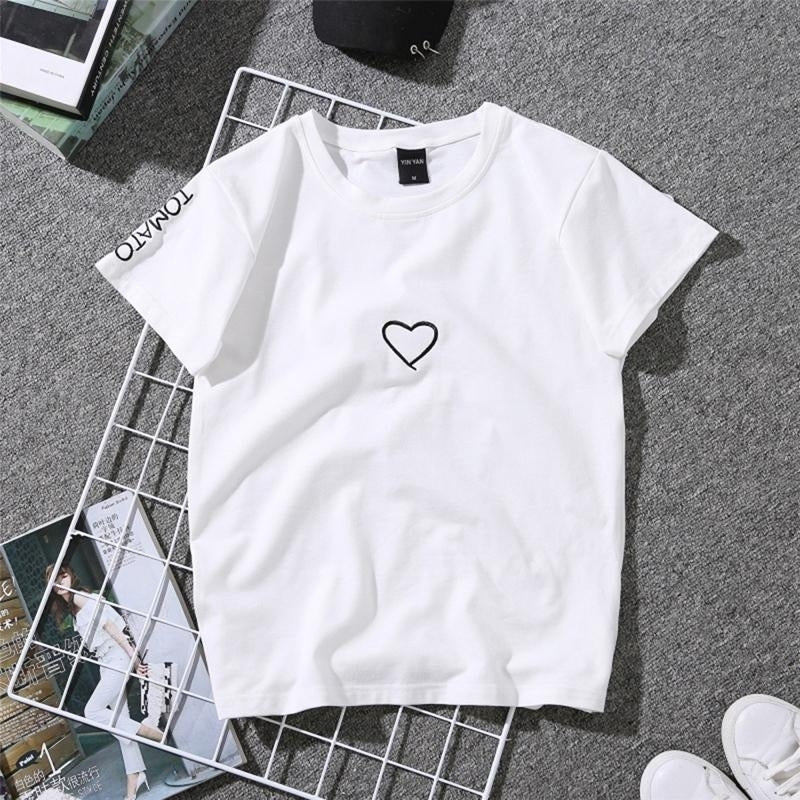 Womens Summer Tees Lovers Heart Embroidery Short Sleeve Harajuku T Shirt Tops Image 3