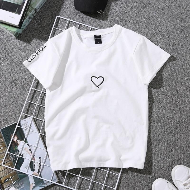 Womens Summer Tees Lovers Heart Embroidery Short Sleeve Harajuku T Shirt Tops Image 1