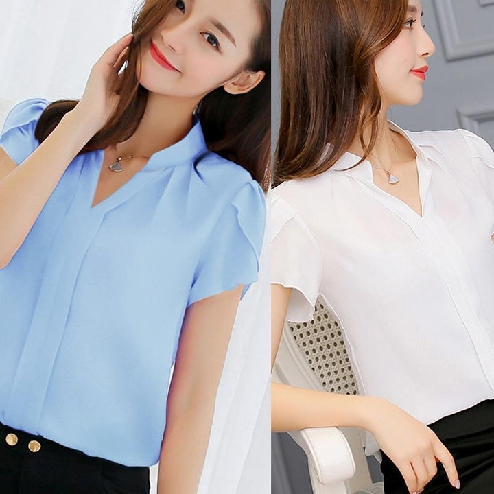 Women Fashion Casual Short Sleeves Chiffon Shirt Femininas Tops Formal Office Blouse Plus Size Image 1