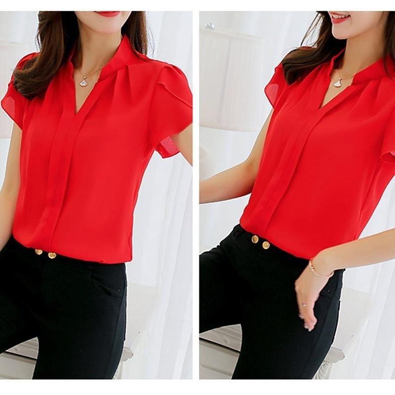 Women Fashion Casual Short Sleeves Chiffon Shirt Femininas Tops Formal Office Blouse Plus Size Image 3