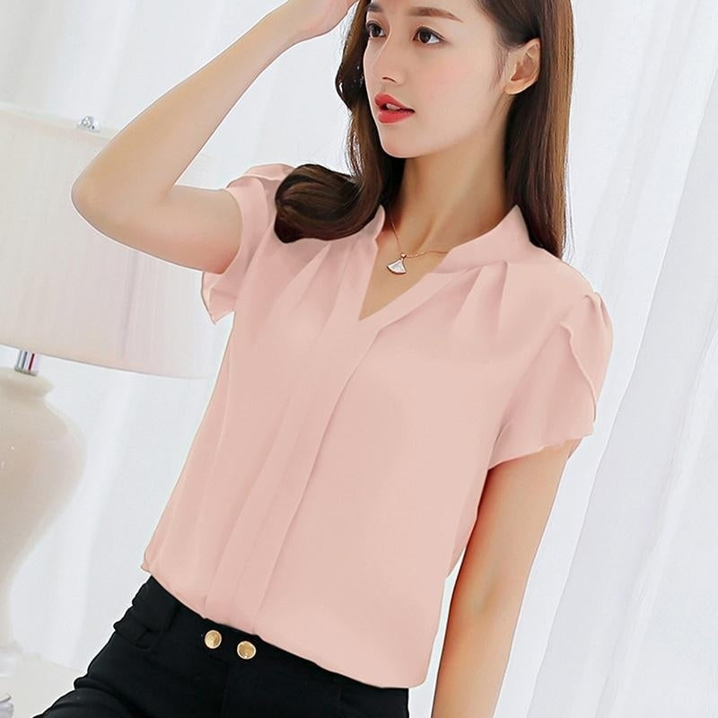 Women Fashion Casual Short Sleeves Chiffon Shirt Femininas Tops Formal Office Blouse Plus Size Image 4