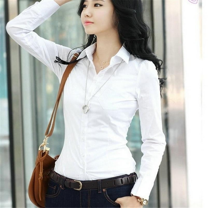 Women Fashion Formal Thin Straight Long Sleeve Shirt Casual Polo Blouse Plus Size Image 2