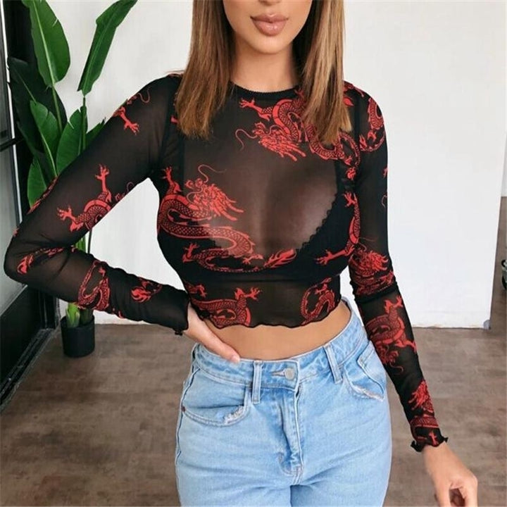 Fashion Transparent T-shirts Casual O-neck Sheer Mesh Dragon Print Long Sleeve T-shirts Spring Autumn Tops Wear Image 1