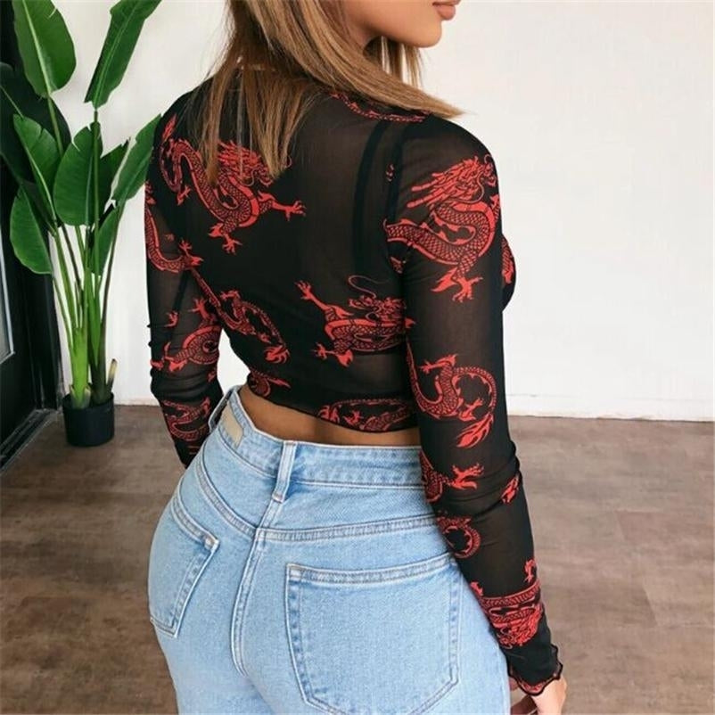 Fashion Transparent T-shirts Casual O-neck Sheer Mesh Dragon Print Long Sleeve T-shirts Spring Autumn Tops Wear Image 2