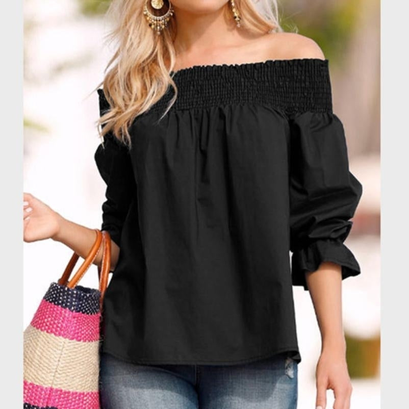 Womens Casual 3/4 Sleeve Tops Solid Color Strapless Loose Elegant Shirt Off Shoulder Blouse Image 1