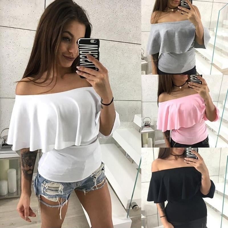 Sexy Women Off Shoulder Ruffled Sleeve Blouse Fashion Loose T-Shirt Tops Image 1