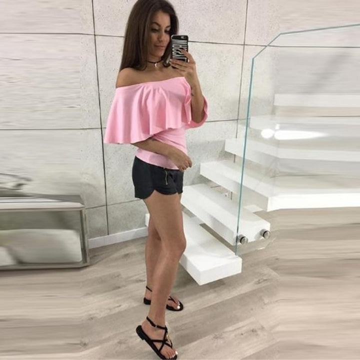 Sexy Women Off Shoulder Ruffled Sleeve Blouse Fashion Loose T-Shirt Tops Image 3