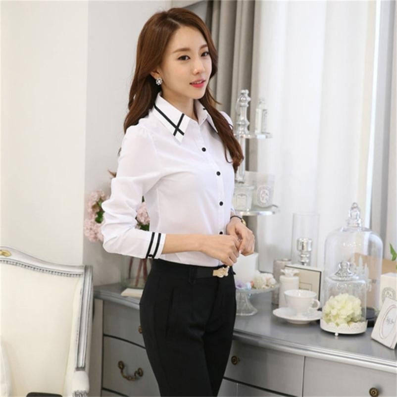 Fashion Long Sleeve Turn-down Collar Formal Elegant Ladies Female Shirt Ladies Tops School Blouse Image 3