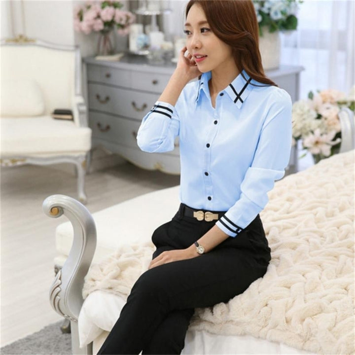 Fashion Long Sleeve Turn-down Collar Formal Elegant Ladies Female Shirt Ladies Tops School Blouse Image 4