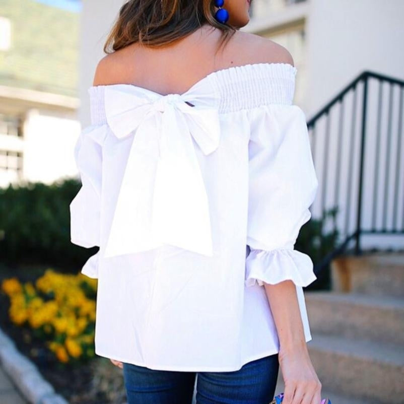 Womens Casual 3/4 Sleeve Tops Solid Color Strapless Loose Elegant Shirt Off Shoulder Blouse Image 2