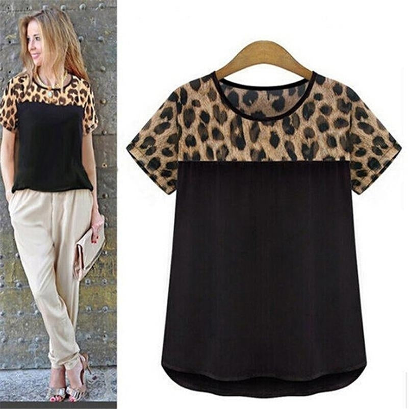 Women Fashion Short Sleeve Round Neck Chiffon Blouse Casual Leopard Print Shirt Image 1