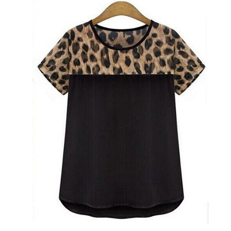 Women Fashion Short Sleeve Round Neck Chiffon Blouse Casual Leopard Print Shirt Image 2