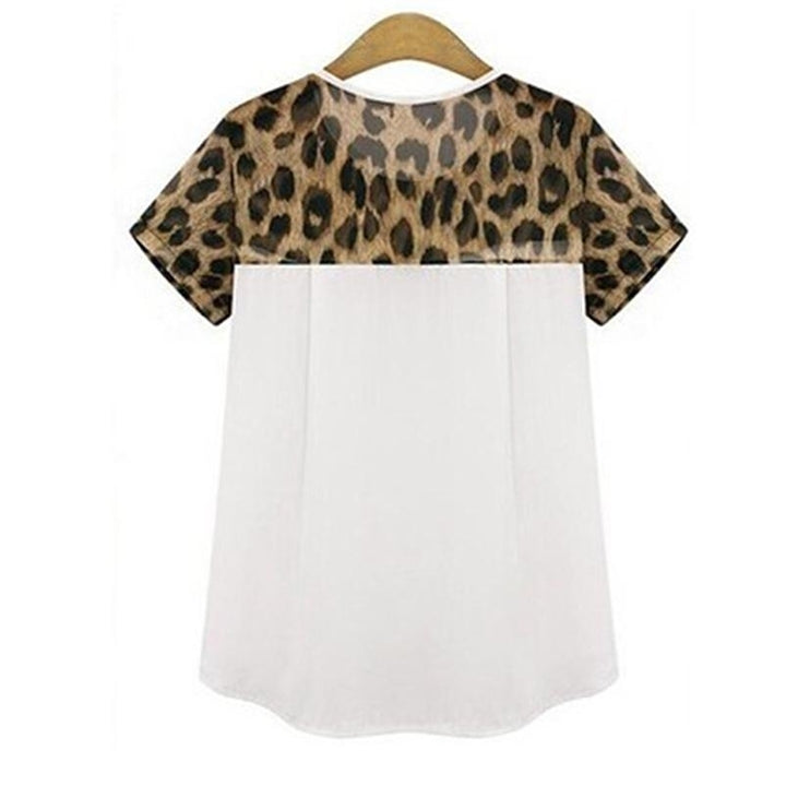 Women Fashion Short Sleeve Round Neck Chiffon Blouse Casual Leopard Print Shirt Image 3