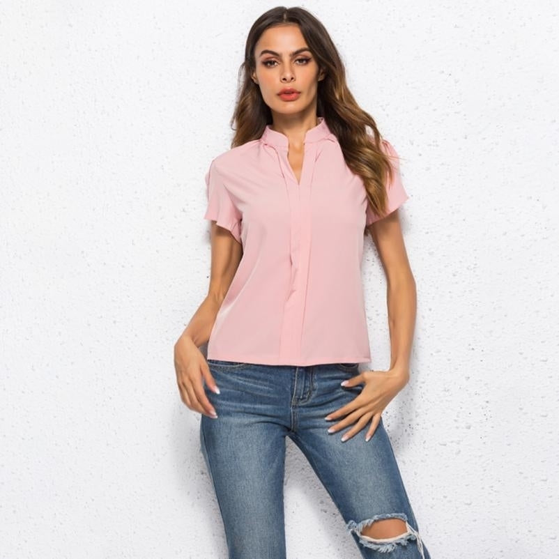 Women Summer Fashion Casual Short Sleeves Chiffon Shirt Blusas Femininas Tops Formal Office Blouse Image 3