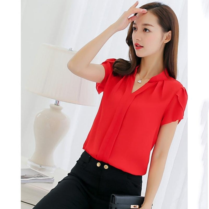 Women Summer Fashion Casual Short Sleeves Chiffon Shirt Blusas Femininas Tops Formal Office Blouse Image 4