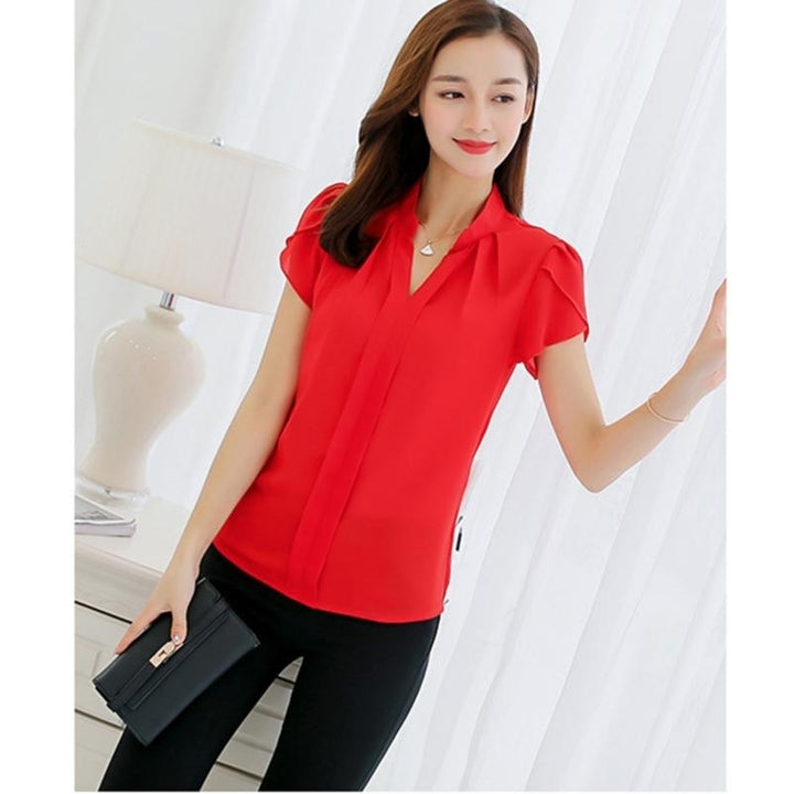 Women Summer Fashion Casual Short Sleeves Chiffon Shirt Blusas Femininas Tops Formal Office Blouse Image 9