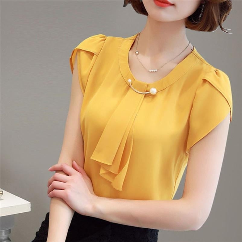 Womens Summer Chiffon Blouse Tops Short Sleeve Tops Ladies Office Blouses Image 2