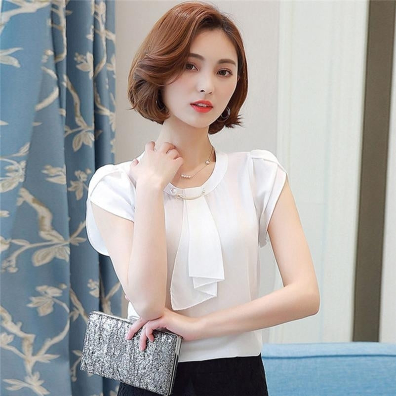 Womens Summer Chiffon Blouse Tops Short Sleeve Tops Ladies Office Blouses Image 3