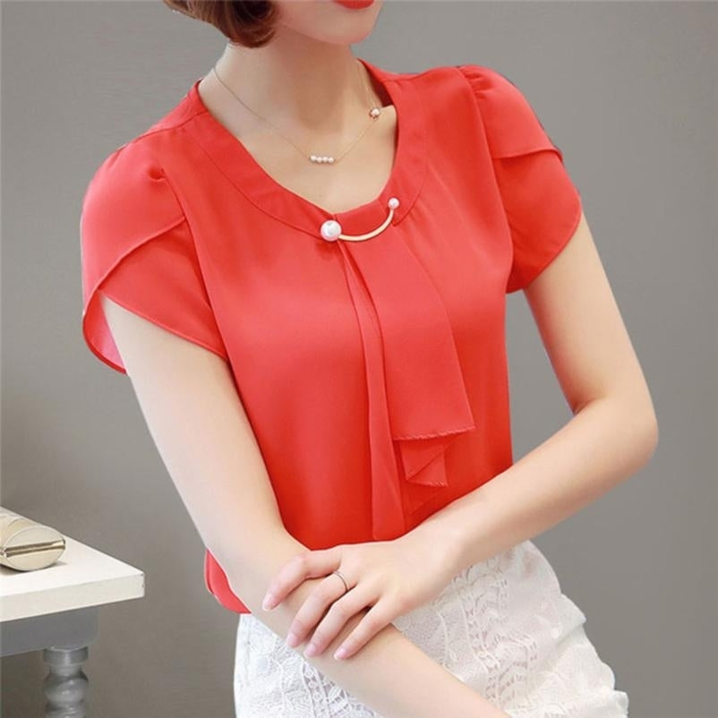 Womens Summer Chiffon Blouse Tops Short Sleeve Tops Ladies Office Blouses Image 4