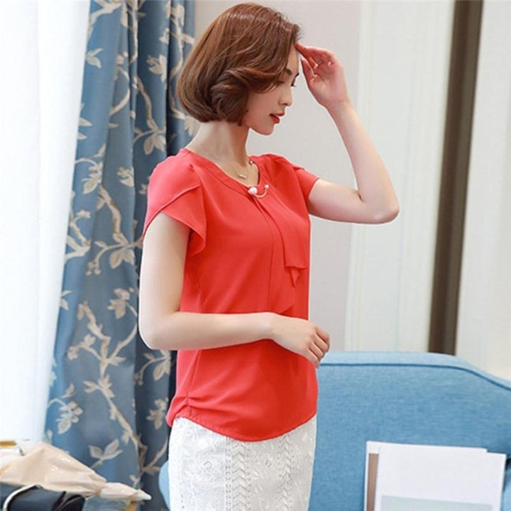 Womens Summer Chiffon Blouse Tops Short Sleeve Tops Ladies Office Blouses Image 4