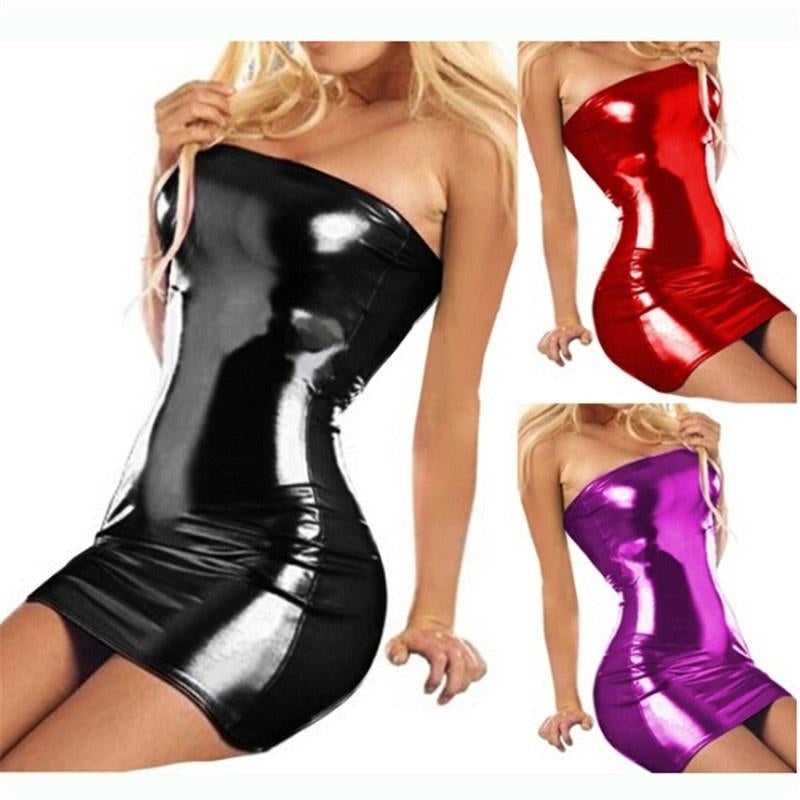 Women Patent Leather Womens Dress Short Wrapped Chest Fashion Mini Lace Skirt Bodycon Image 1