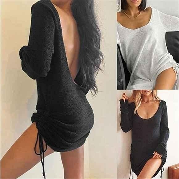 European and American Autumn Sweater Dress Sexy U-neck Open Back Drawstring Solid Color Sweater Dress Image 1