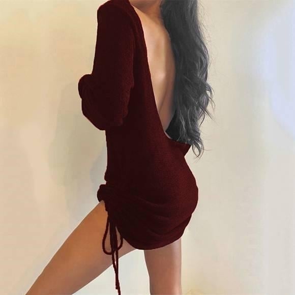 European and American Autumn Sweater Dress Sexy U-neck Open Back Drawstring Solid Color Sweater Dress Image 3