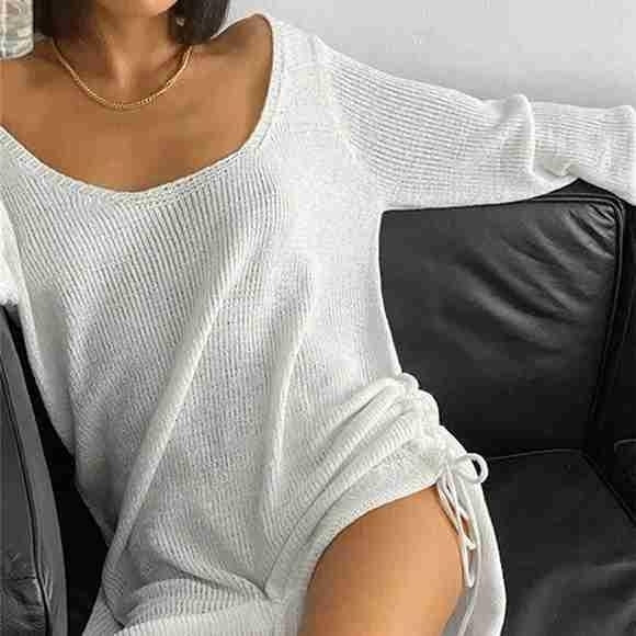 European and American Autumn Sweater Dress Sexy U-neck Open Back Drawstring Solid Color Sweater Dress Image 4