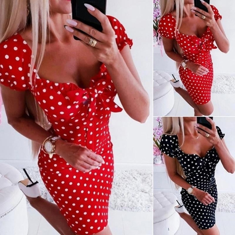 Summer Fashion Womens Polka Dot Print Short Sleeve Deep V-Neck Slim Elegant Evening Dress Image 1