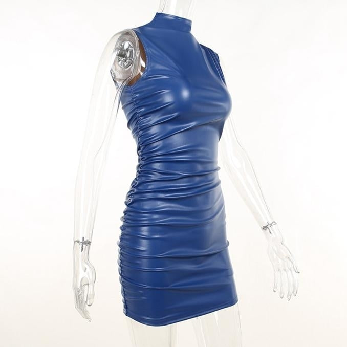 Europe and The United States Sexy Girl Dress High Collar Sleeveless Slim Short Leather Skirt Female Image 11