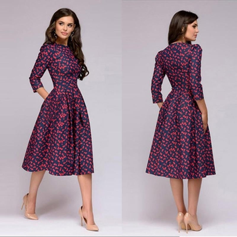 Retro 3/4 Sleeve Womens Midi Dress Casual Mid-Length Vintage Party Slim Fit Trendy Polyester Ladies Floral Print Image 1