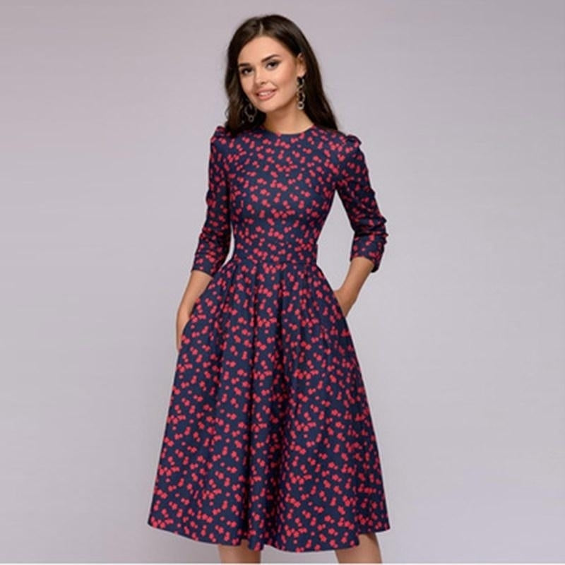 Retro 3/4 Sleeve Womens Midi Dress Casual Mid-Length Vintage Party Slim Fit Trendy Polyester Ladies Floral Print Image 2