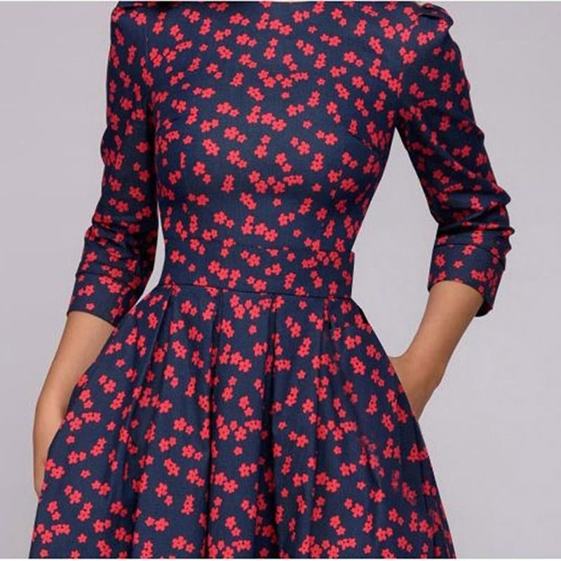 Retro 3/4 Sleeve Womens Midi Dress Casual Mid-Length Vintage Party Slim Fit Trendy Polyester Ladies Floral Print Image 3