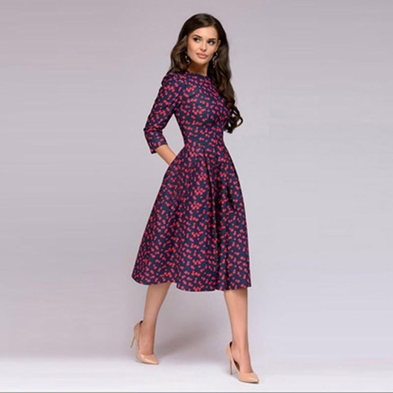 Retro 3/4 Sleeve Womens Midi Dress Casual Mid-Length Vintage Party Slim Fit Trendy Polyester Ladies Floral Print Image 4