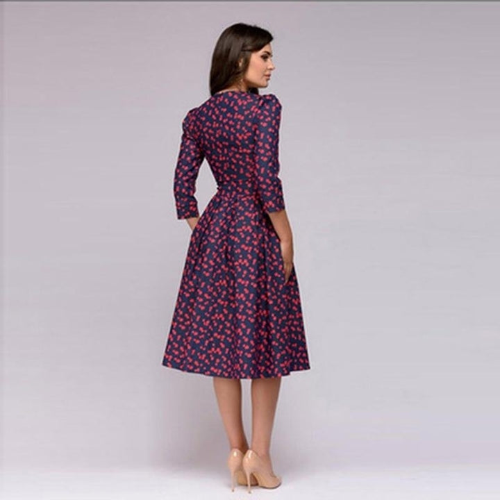 Retro 3/4 Sleeve Womens Midi Dress Casual Mid-Length Vintage Party Slim Fit Trendy Polyester Ladies Floral Print Image 4