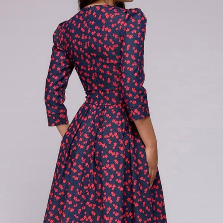 Retro 3/4 Sleeve Womens Midi Dress Casual Mid-Length Vintage Party Slim Fit Trendy Polyester Ladies Floral Print Image 6