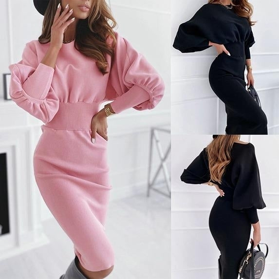 Autumn and Winter Fashion Women Ladies Long Sleeve Dress Casual Waist Dress Solid Color Hip Dresses Image 1