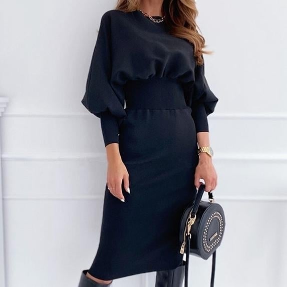 Autumn and Winter Fashion Women Ladies Long Sleeve Dress Casual Waist Dress Solid Color Hip Dresses Image 3
