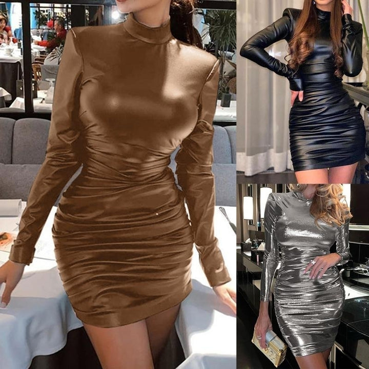 Party Mini Skirt Fashion Sexy Slim Thin Wrinkled Long-sleeved Dress Image 1