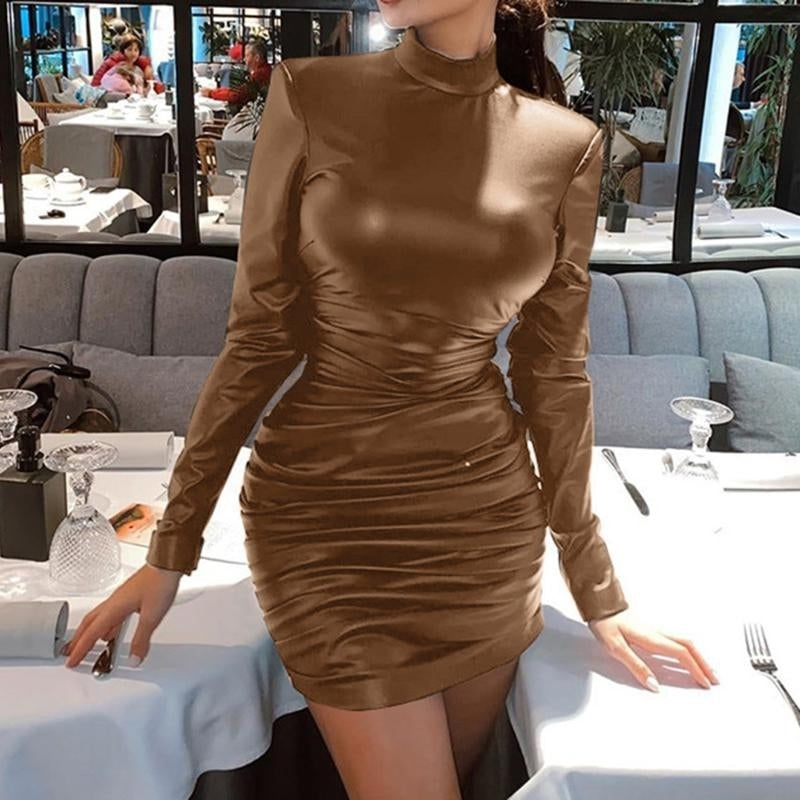 Party Mini Skirt Fashion Sexy Slim Thin Wrinkled Long-sleeved Dress Image 3