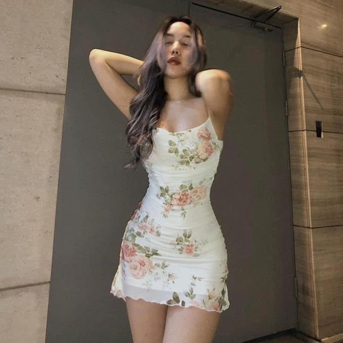 Europe and The United States Suspender Mesh Retro Floral Dress Irregular Print Sexy Tight Package Hip Short Dress Image 3