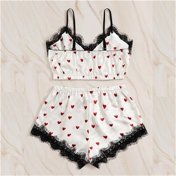 V-Neck Heart Print Lace Satin Camisole Pajamas for Women Bowknot Shorts Sexy Lingerie Set Sleepwear Image 1