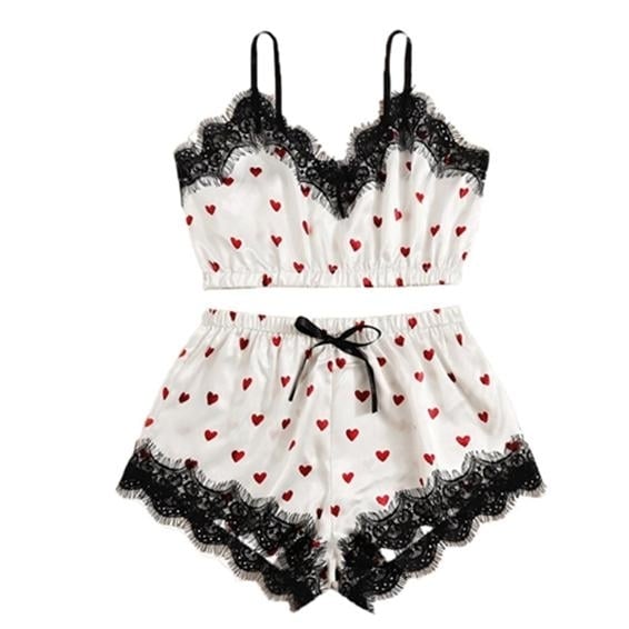 V-Neck Heart Print Lace Satin Camisole Pajamas for Women Bowknot Shorts Sexy Lingerie Set Sleepwear Image 2