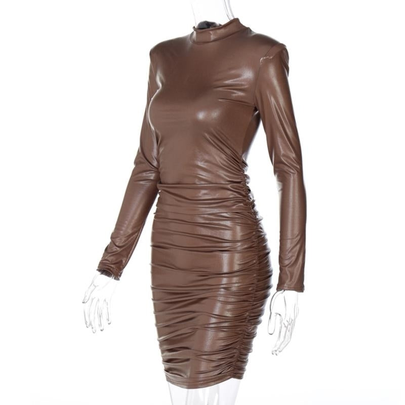 Party Mini Skirt Fashion Sexy Slim Thin Wrinkled Long-sleeved Dress Image 12