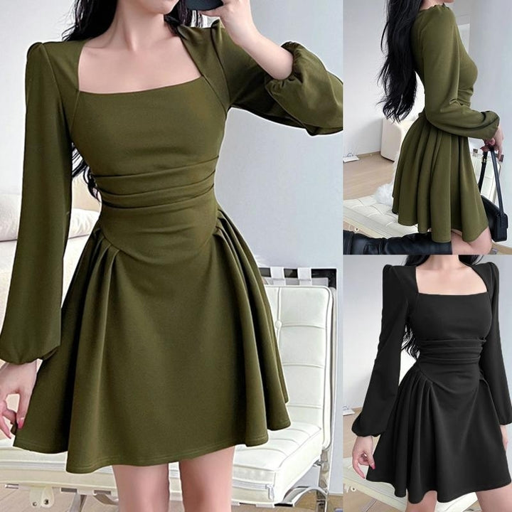 French Retro Long Sleeve Dresses Thin Temperament Mid-length Tea Break Dresses Ruffle Puffy Sleeve Dress Image 1